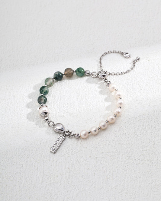 Water Moss Agate and Pearl Bracelet