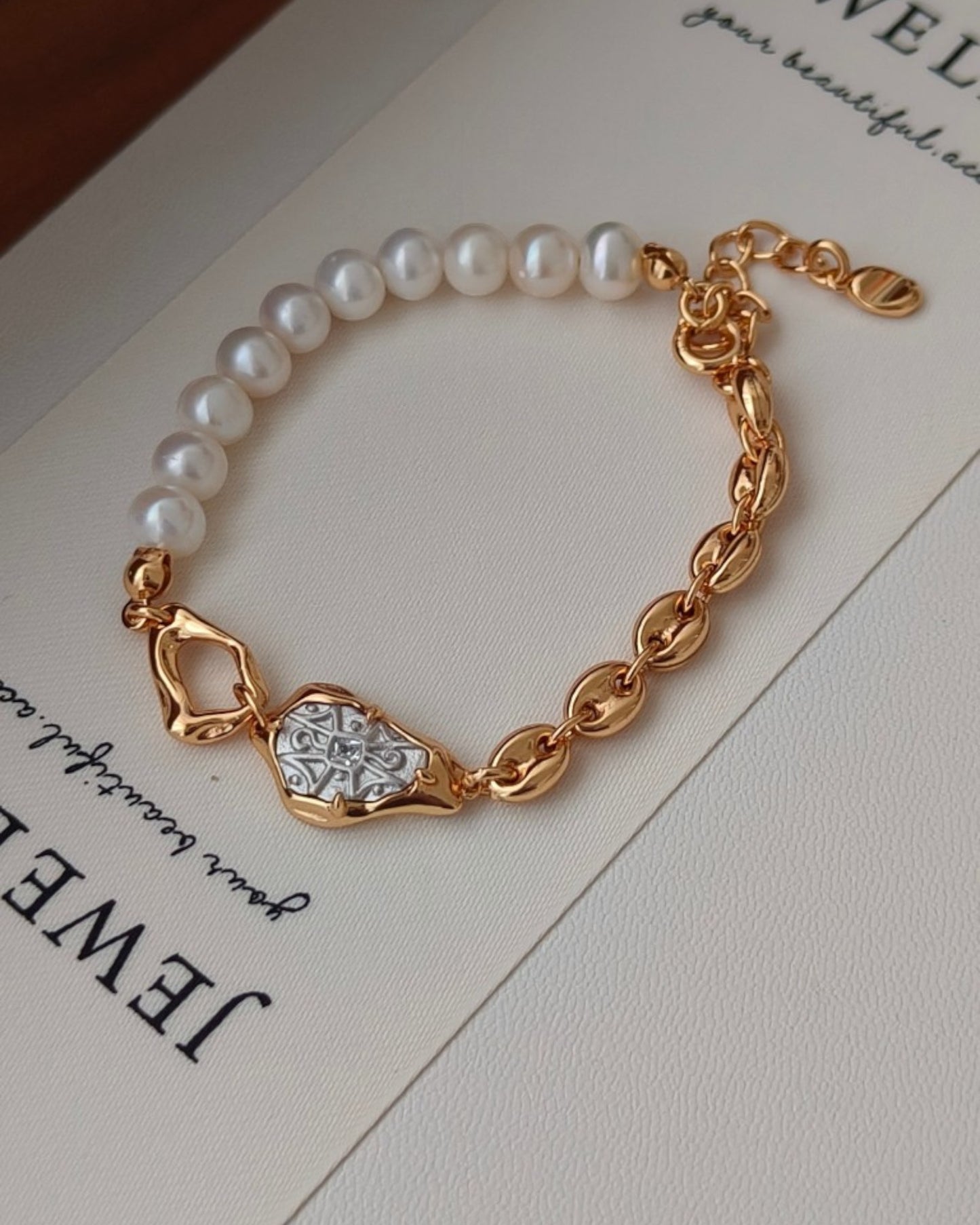 Elegant Gold-Plated Pearl and Zircon Charm Bracelet