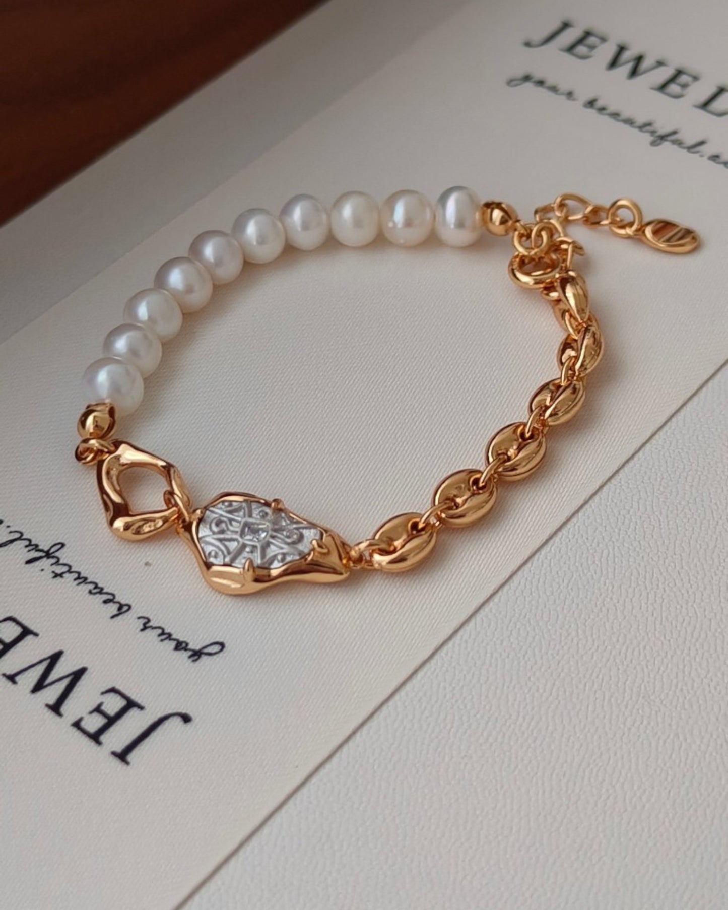 Elegant Gold-Plated Pearl and Zircon Charm Bracelet