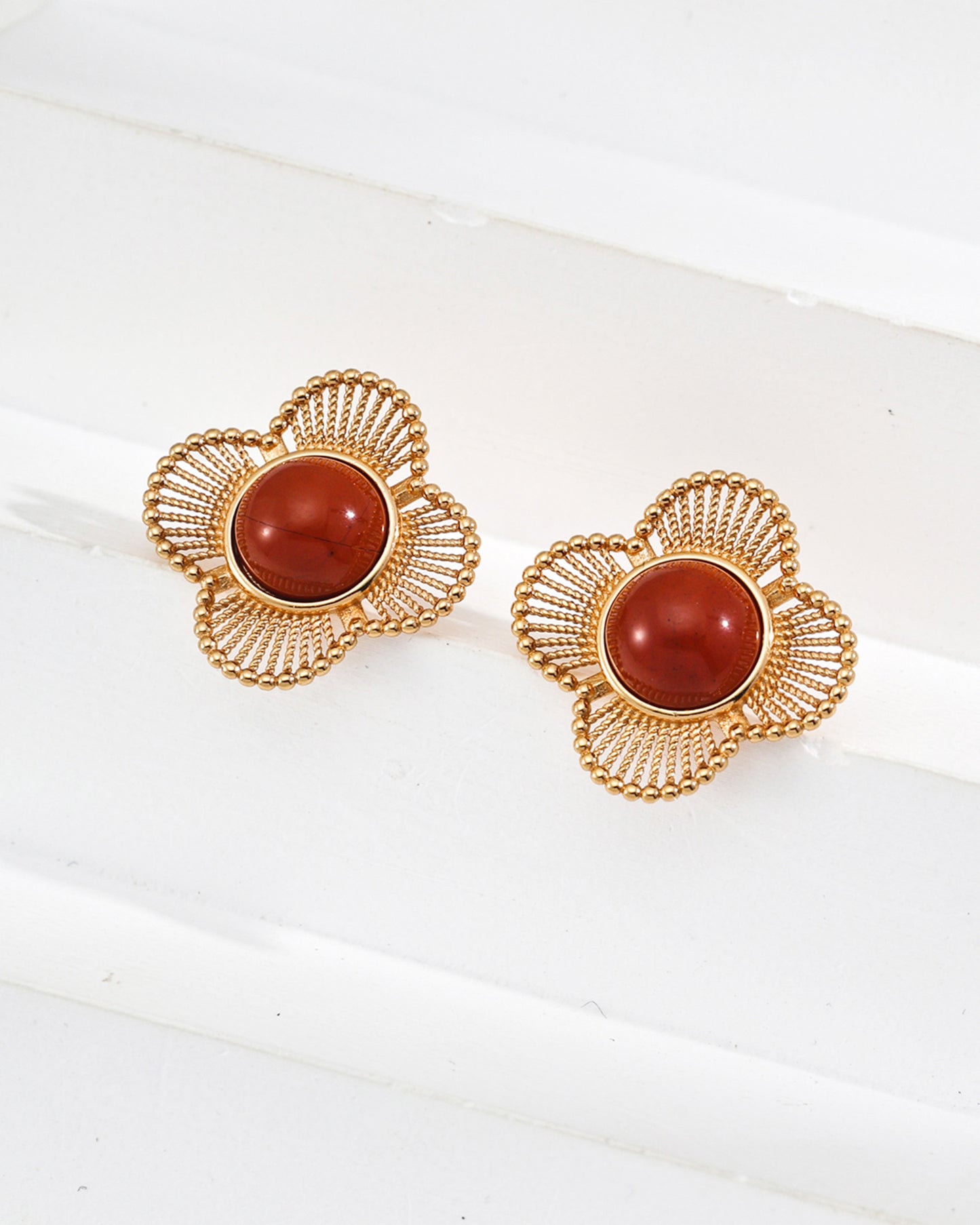 Vintage-Inspired S925 Sterling Silver Red Agate Flower Earrings