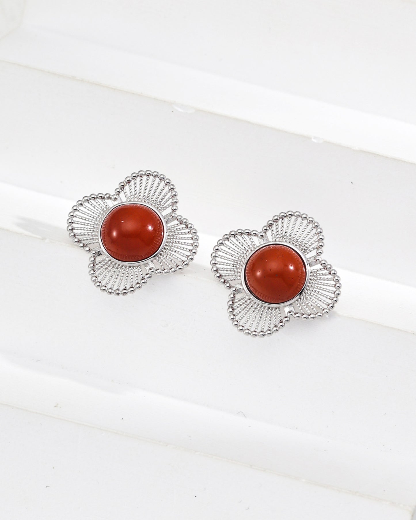 Vintage-Inspired S925 Sterling Silver Red Agate Flower Earrings