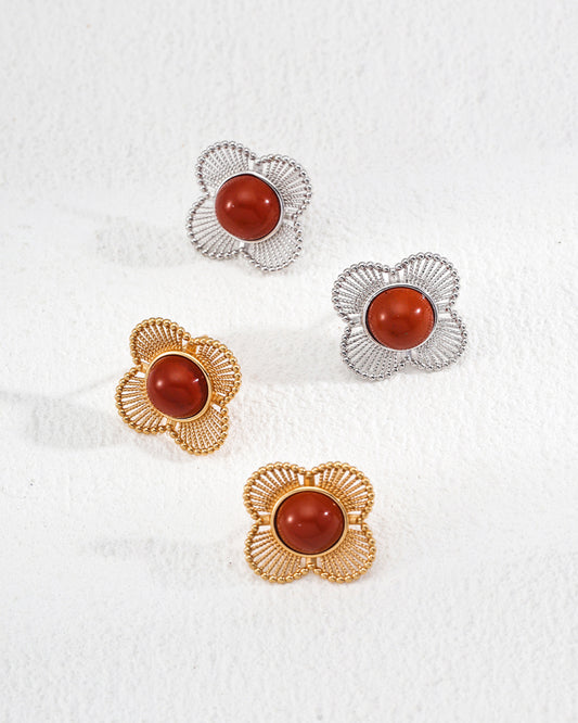 Vintage-Inspired S925 Sterling Silver Red Agate Flower Earrings