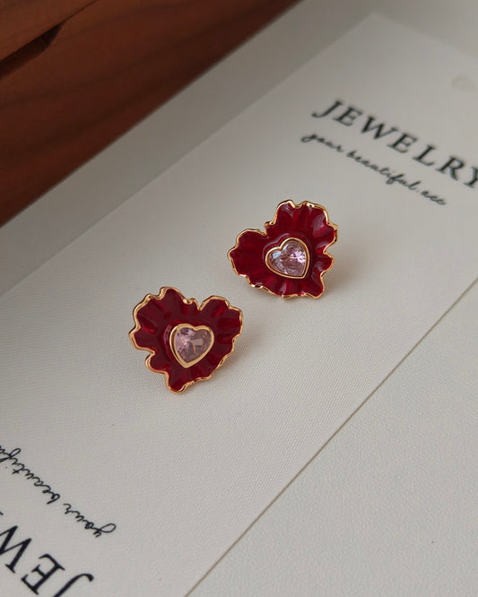 Heart-Shaped Enamel Crystal Stud Earrings