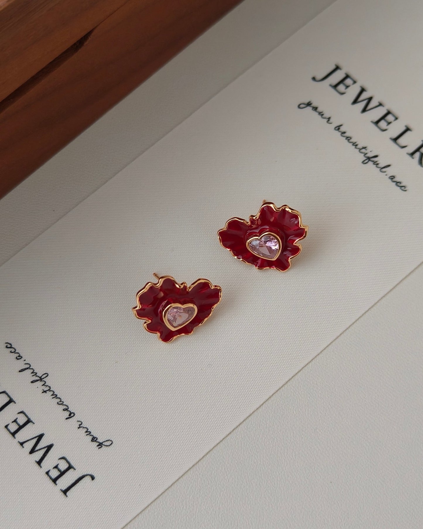 Heart-Shaped Enamel Crystal Stud Earrings