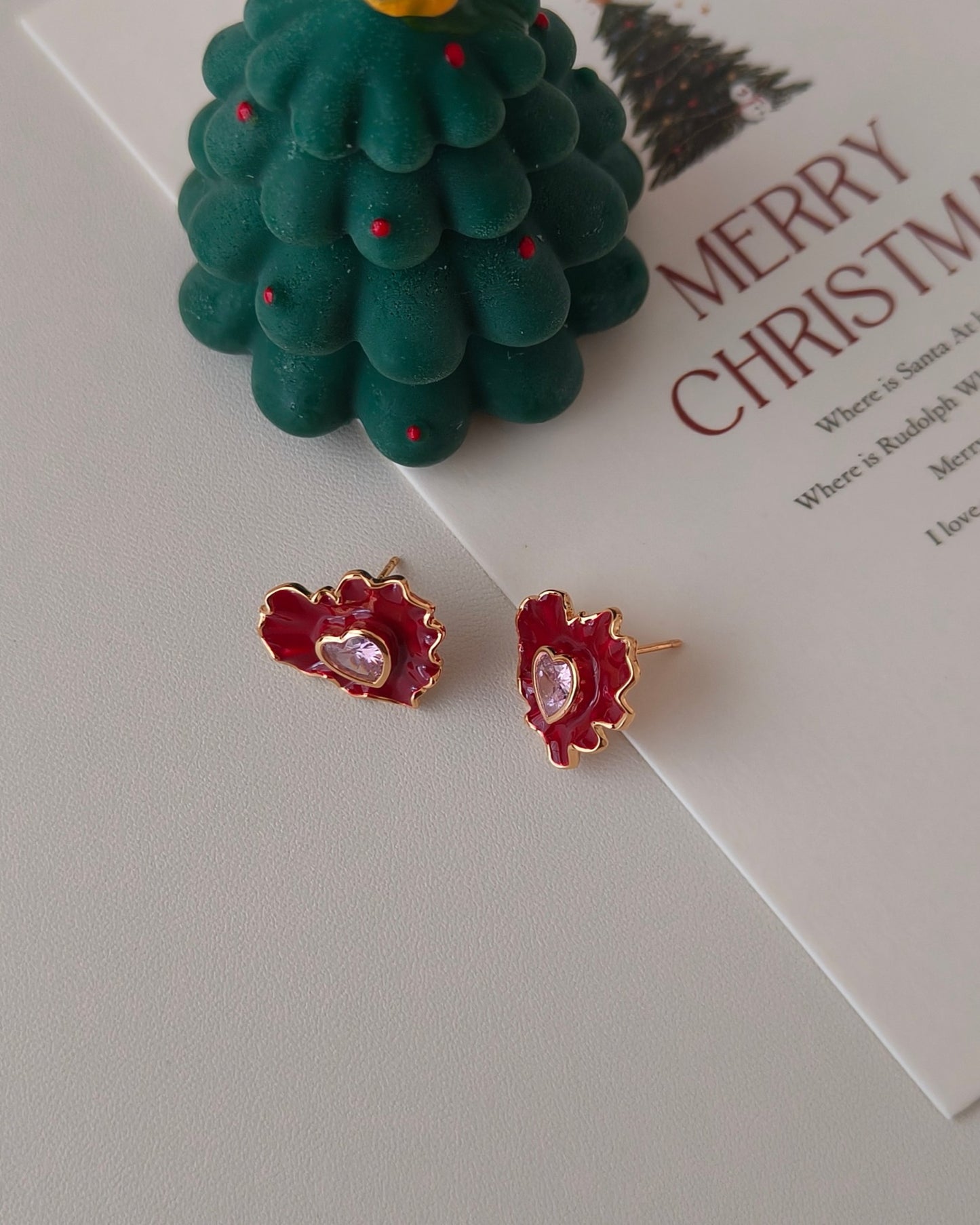 Heart-Shaped Enamel Crystal Stud Earrings