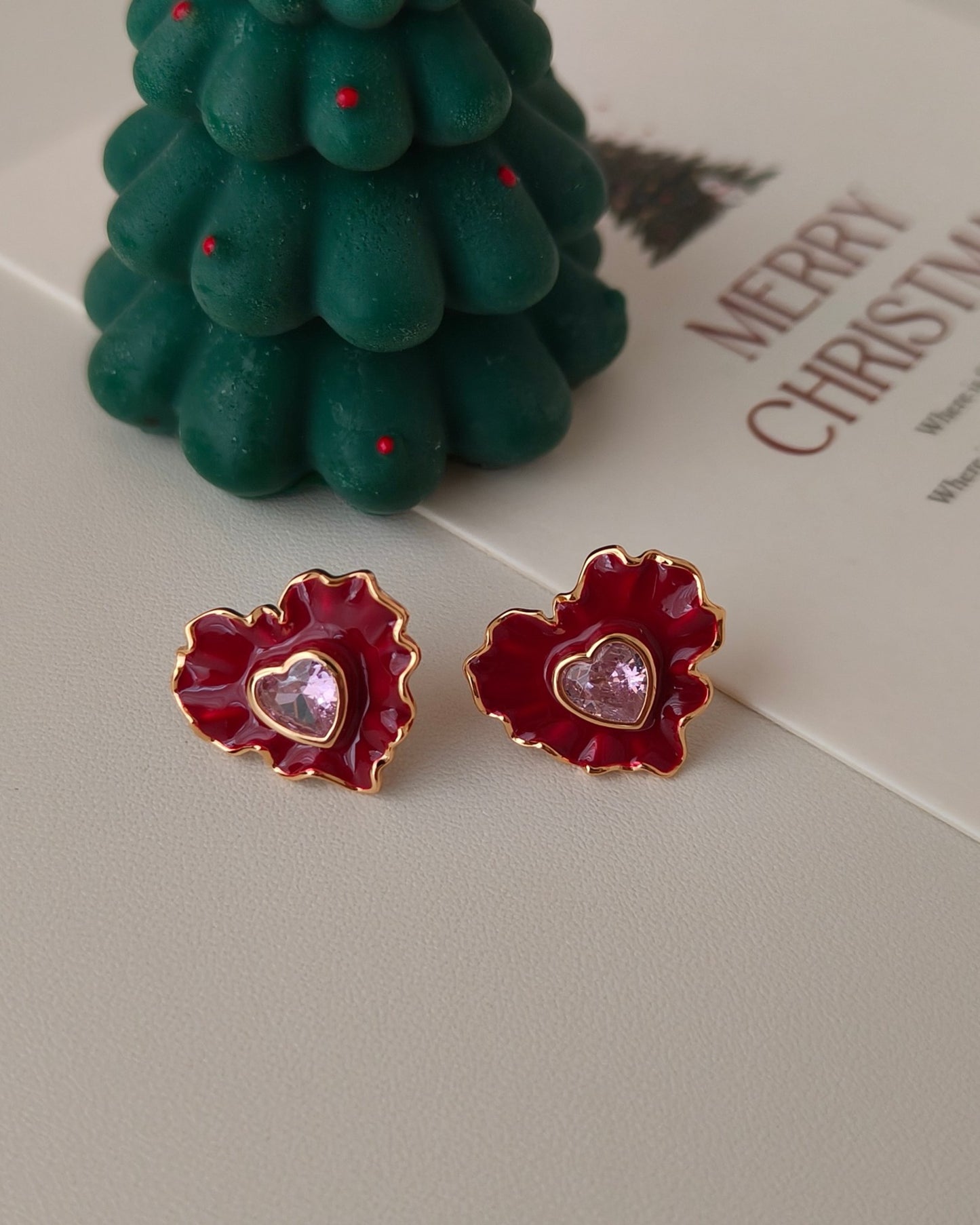 Heart-Shaped Enamel Crystal Stud Earrings