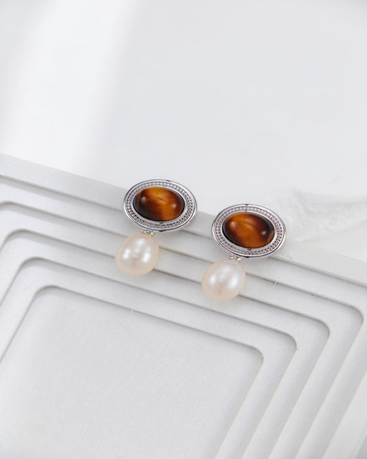 S925 Tiger's Eye Pearl Drop Earrings