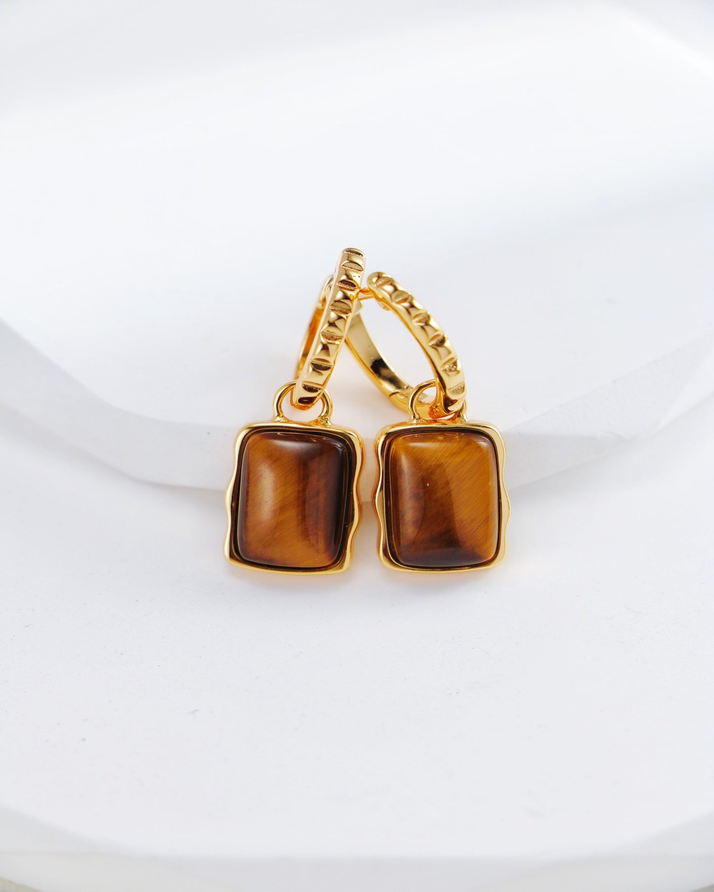 S925 Gold-Plated Tiger's Eye Hoop Earrings