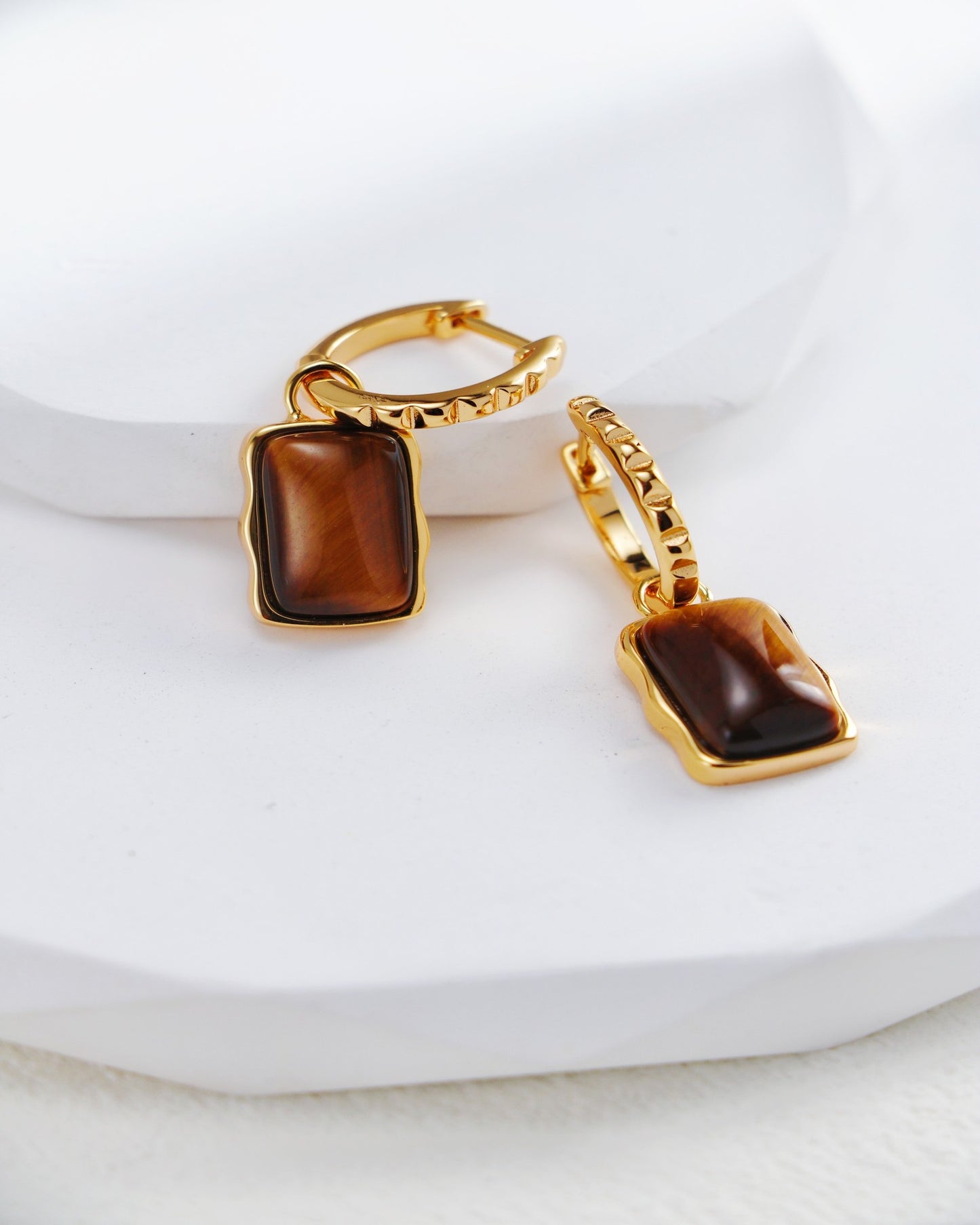 S925 Gold-Plated Tiger's Eye Hoop Earrings