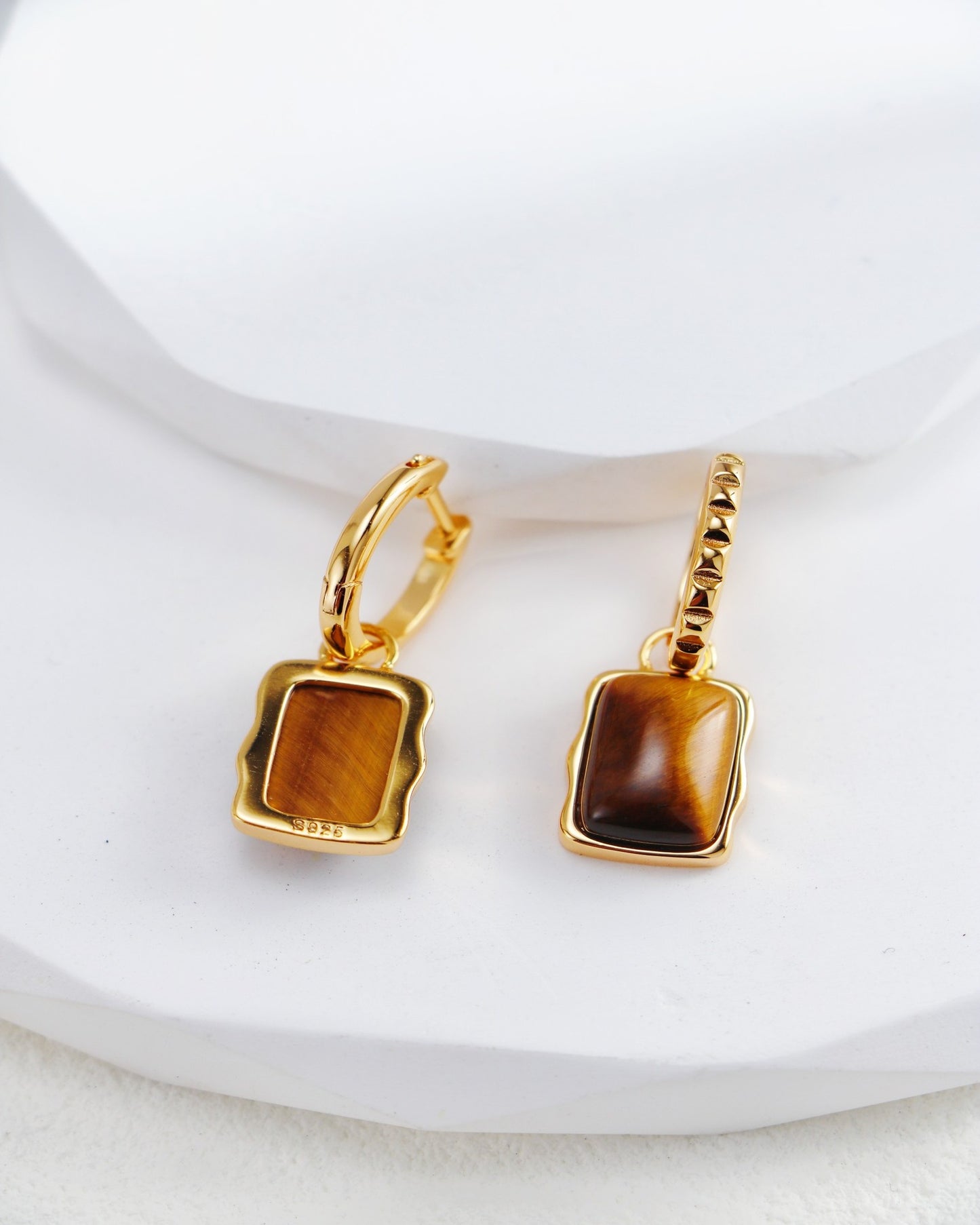 S925 Gold-Plated Tiger's Eye Hoop Earrings