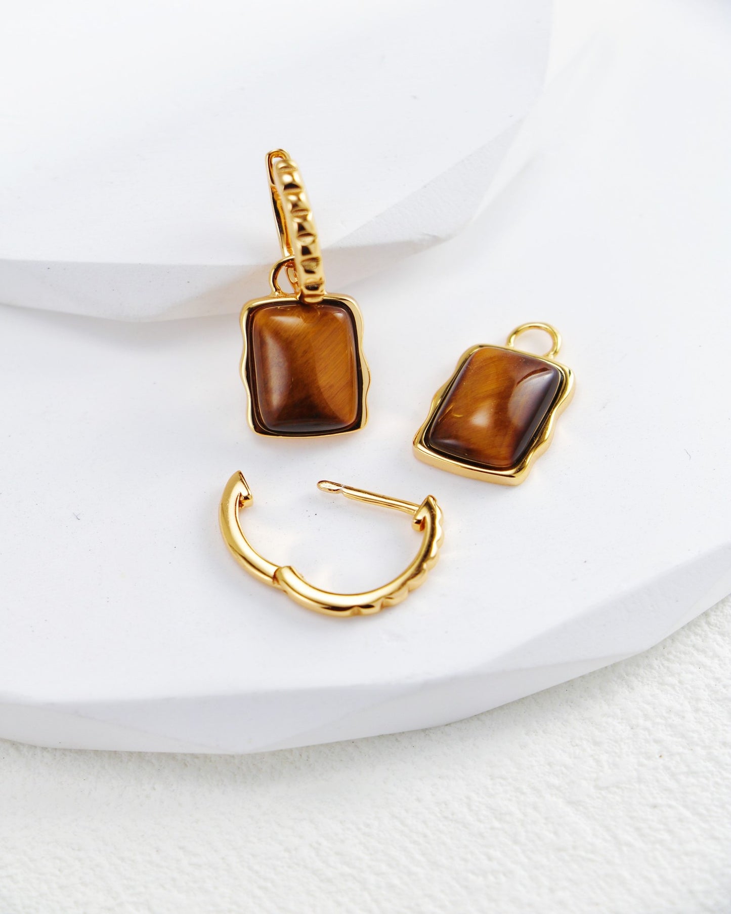 S925 Gold-Plated Tiger's Eye Hoop Earrings