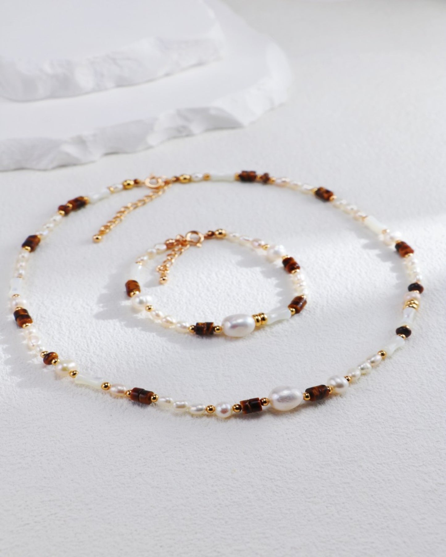 S925 Pearl & Tiger's Eye Beaded Necklace