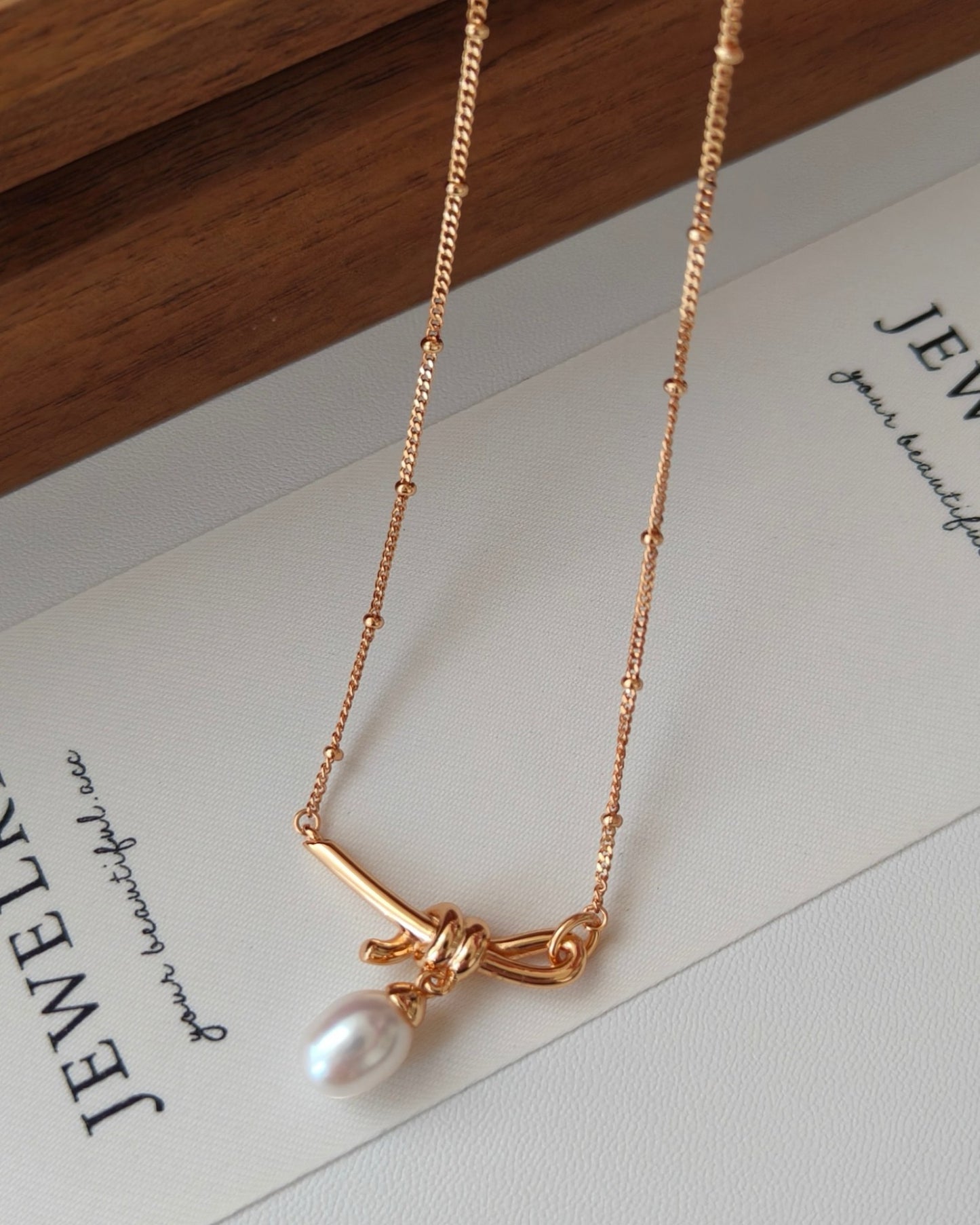 Pearl Drop Necklace with Gold Knot Necklace