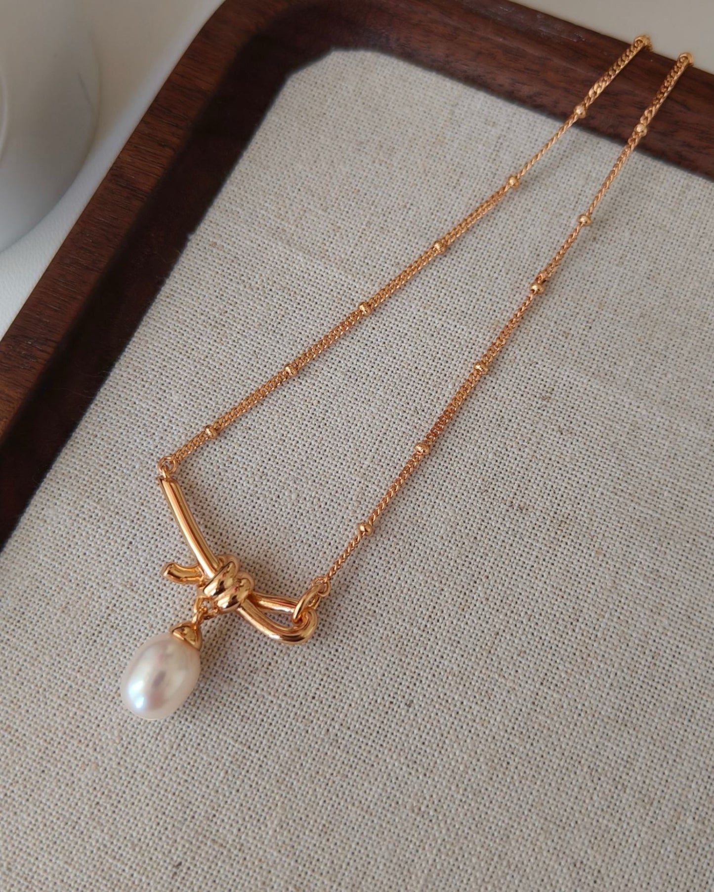 Pearl Drop Necklace with Gold Knot Necklace