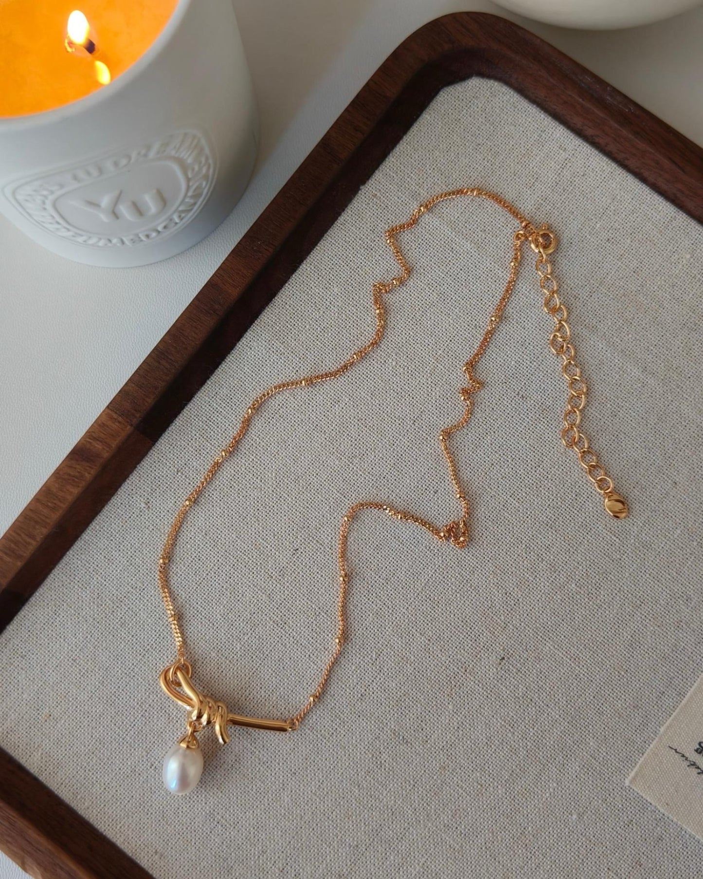 Pearl Drop Necklace with Gold Knot Necklace