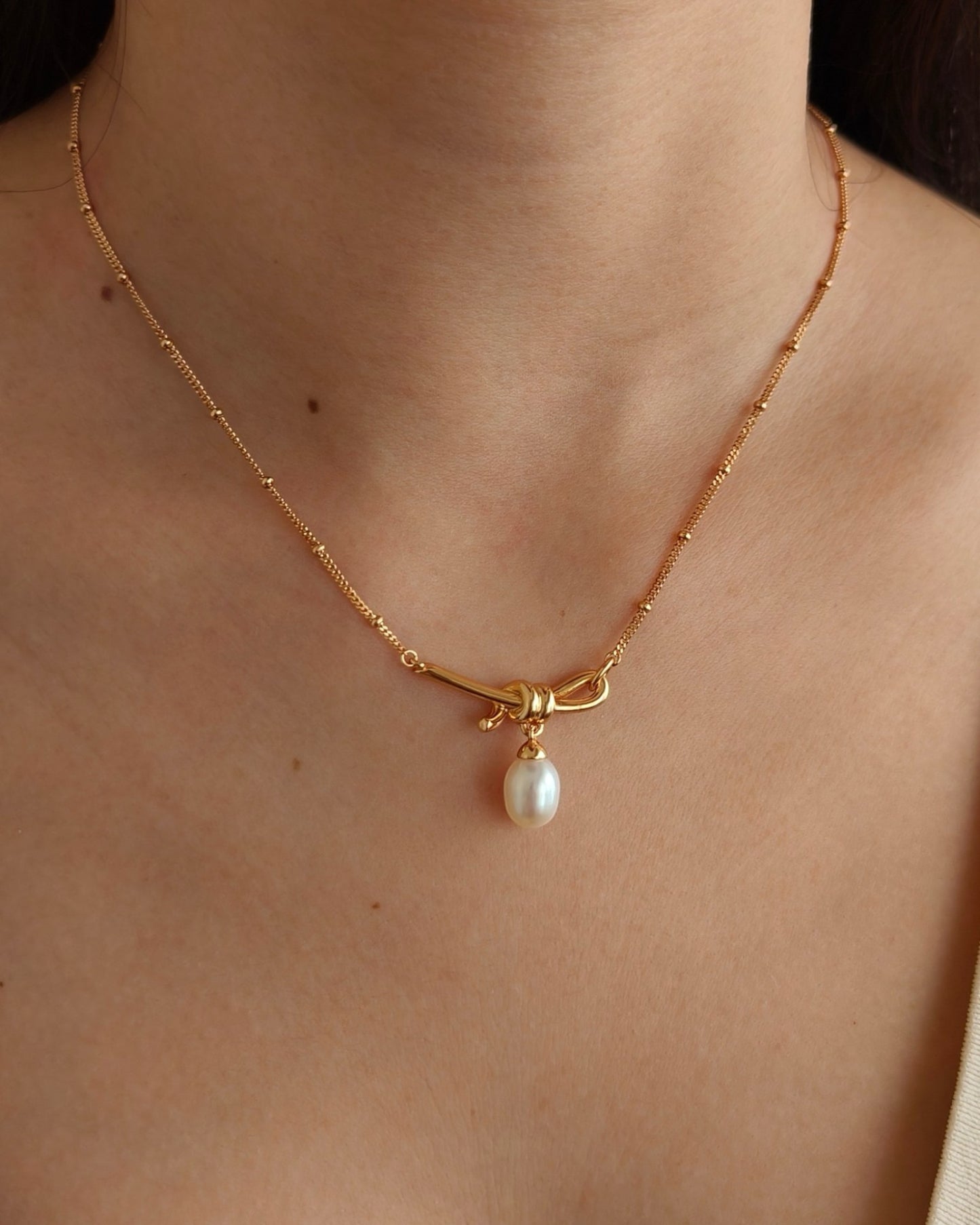 Pearl Drop Necklace with Gold Knot Necklace