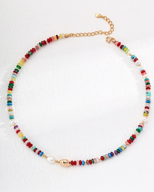 Colorful Gemstone and Pearl Necklace