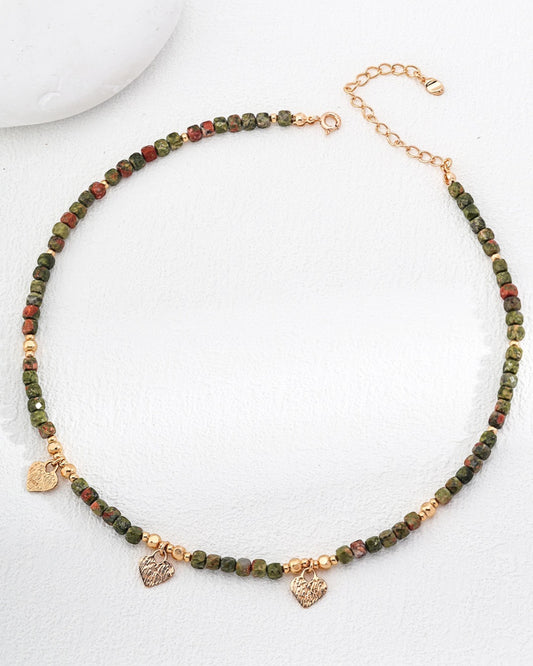 Unakite Stone and Heart Charm Necklace