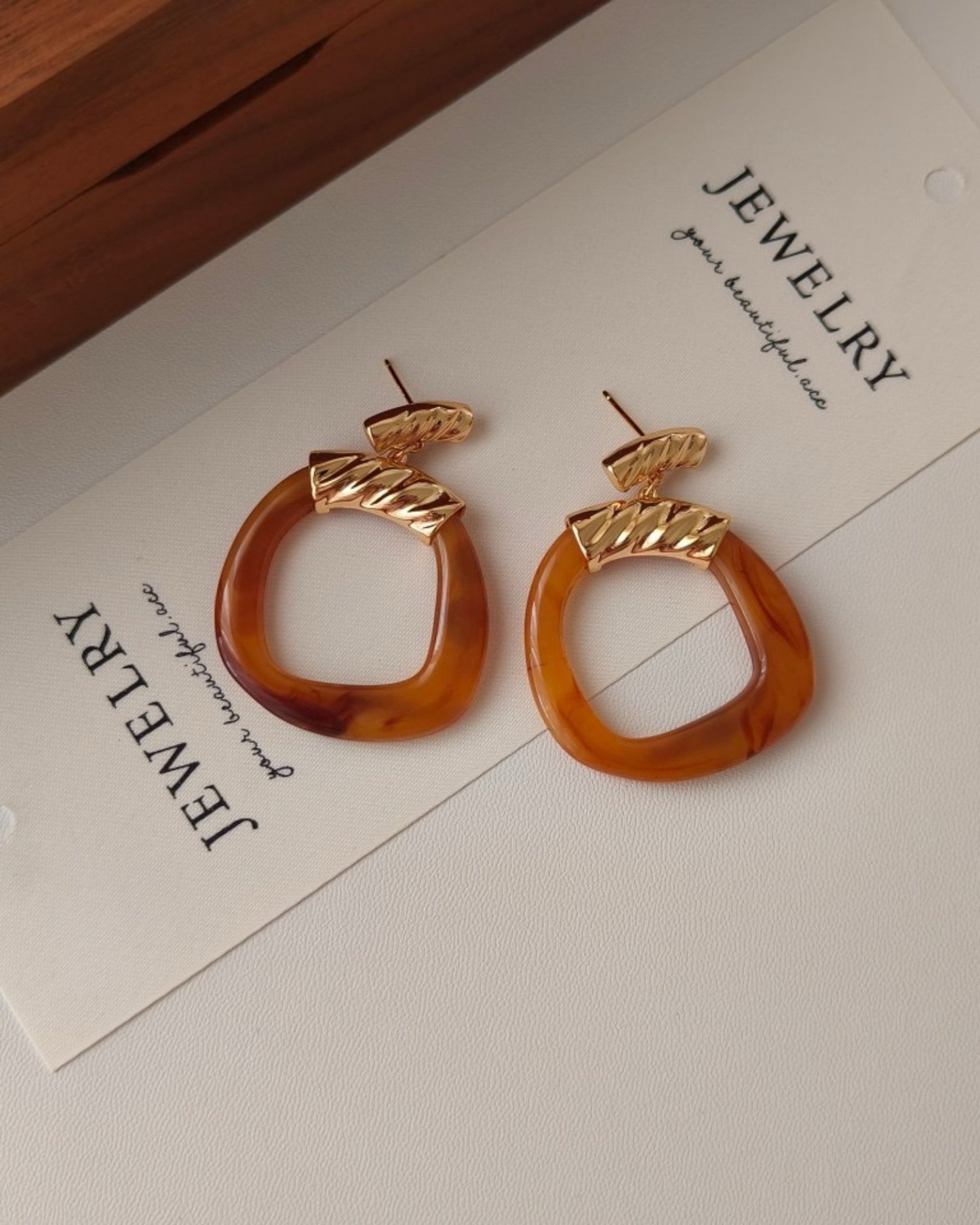 Amber Resin & 18K Gold Plated Hoop Earrings