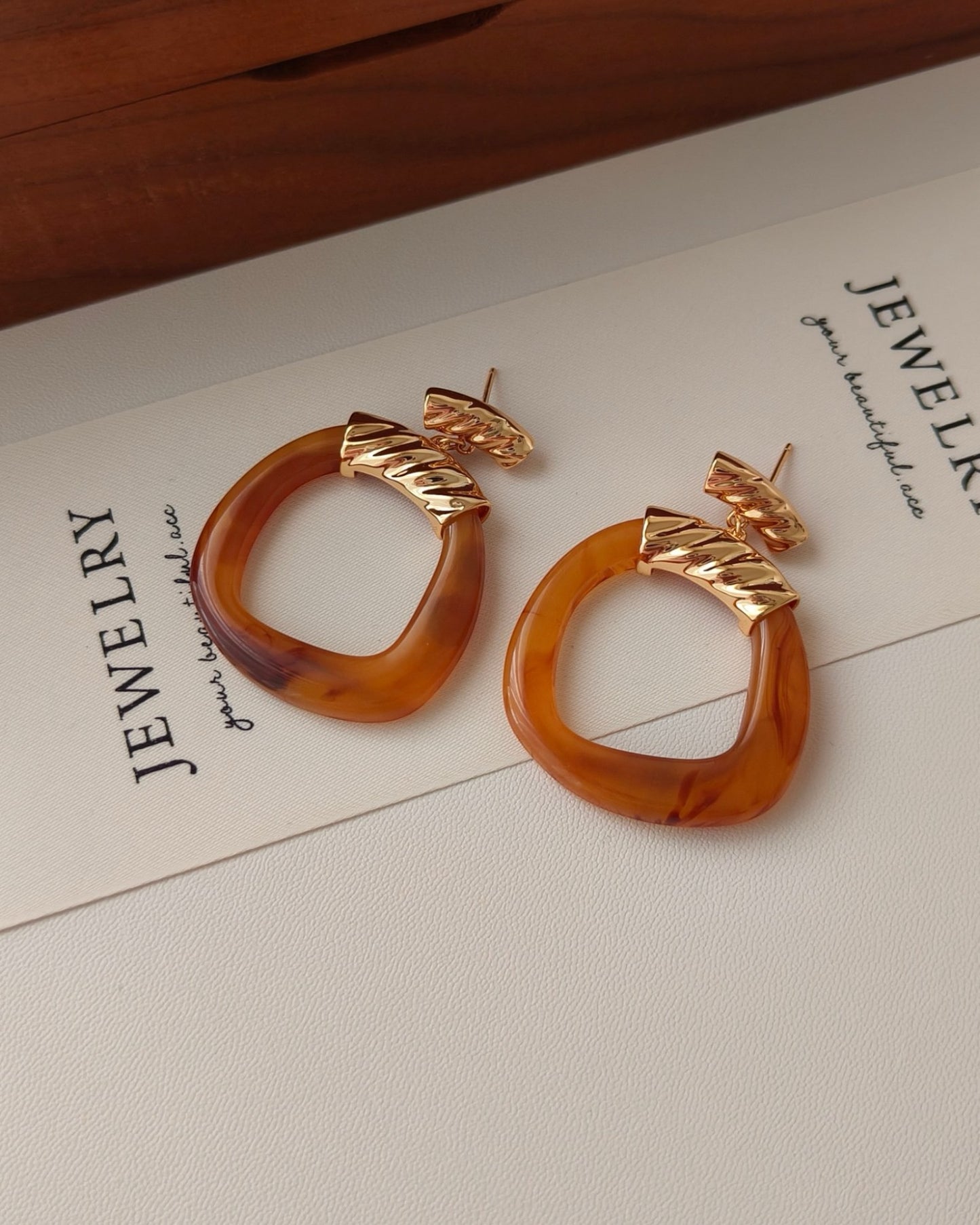 Amber Resin & 18K Gold Plated Hoop Earrings