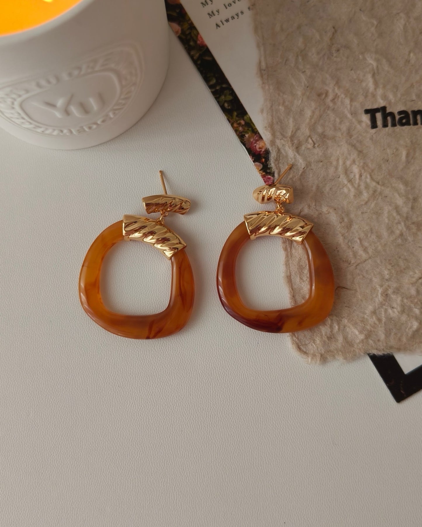 Amber Resin & 18K Gold Plated Hoop Earrings