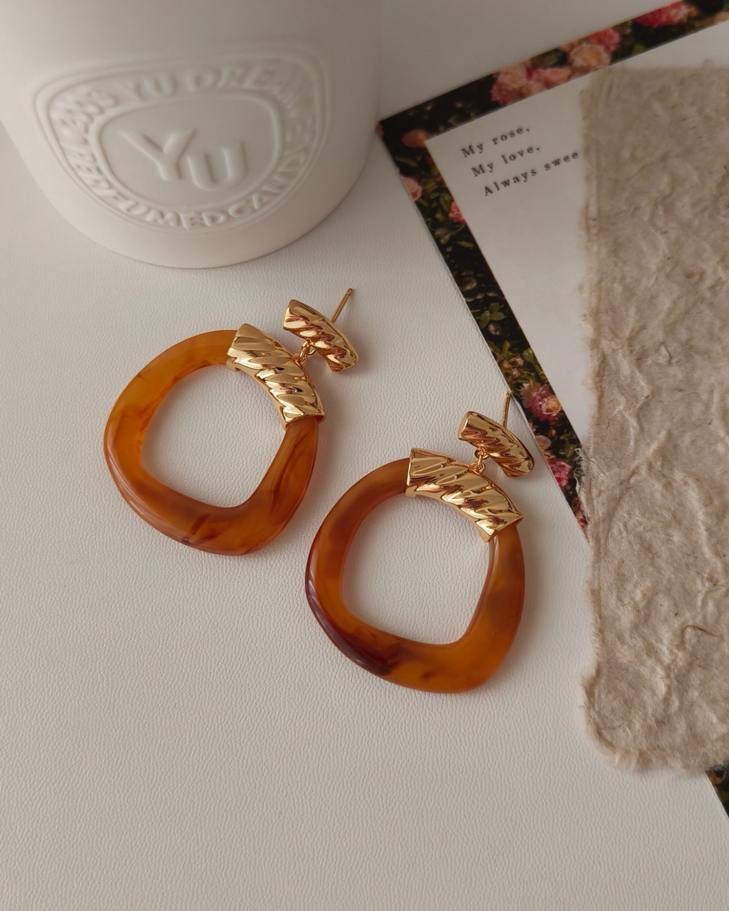 Amber Resin & 18K Gold Plated Hoop Earrings