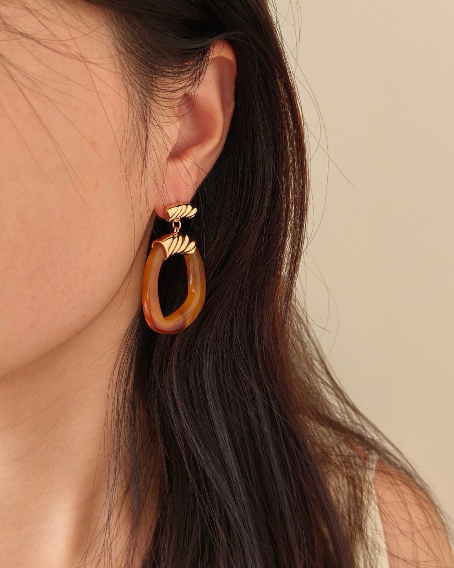 Amber Resin & 18K Gold Plated Hoop Earrings