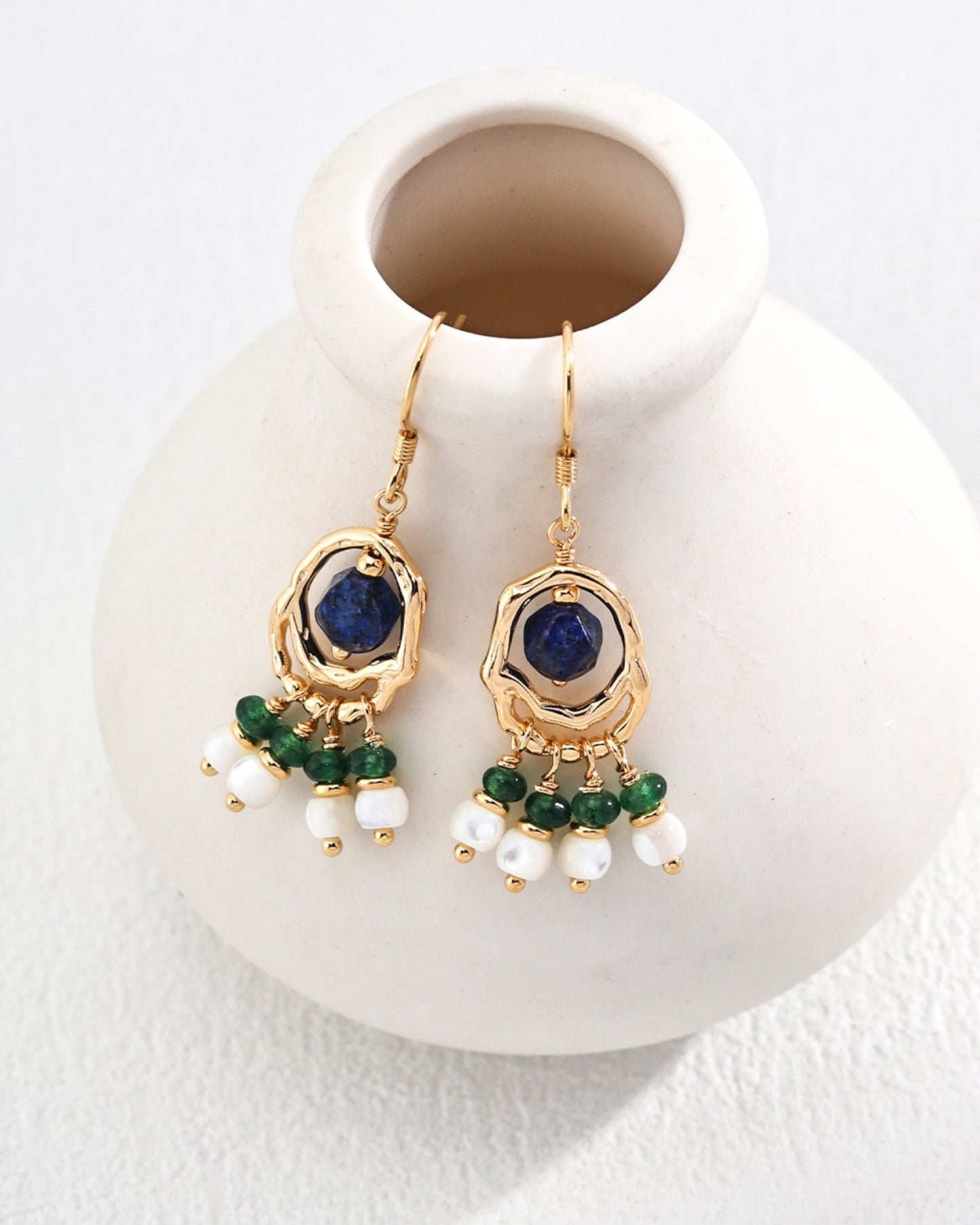 Vintage Green Gemstone & Lapis Beaded Earrings