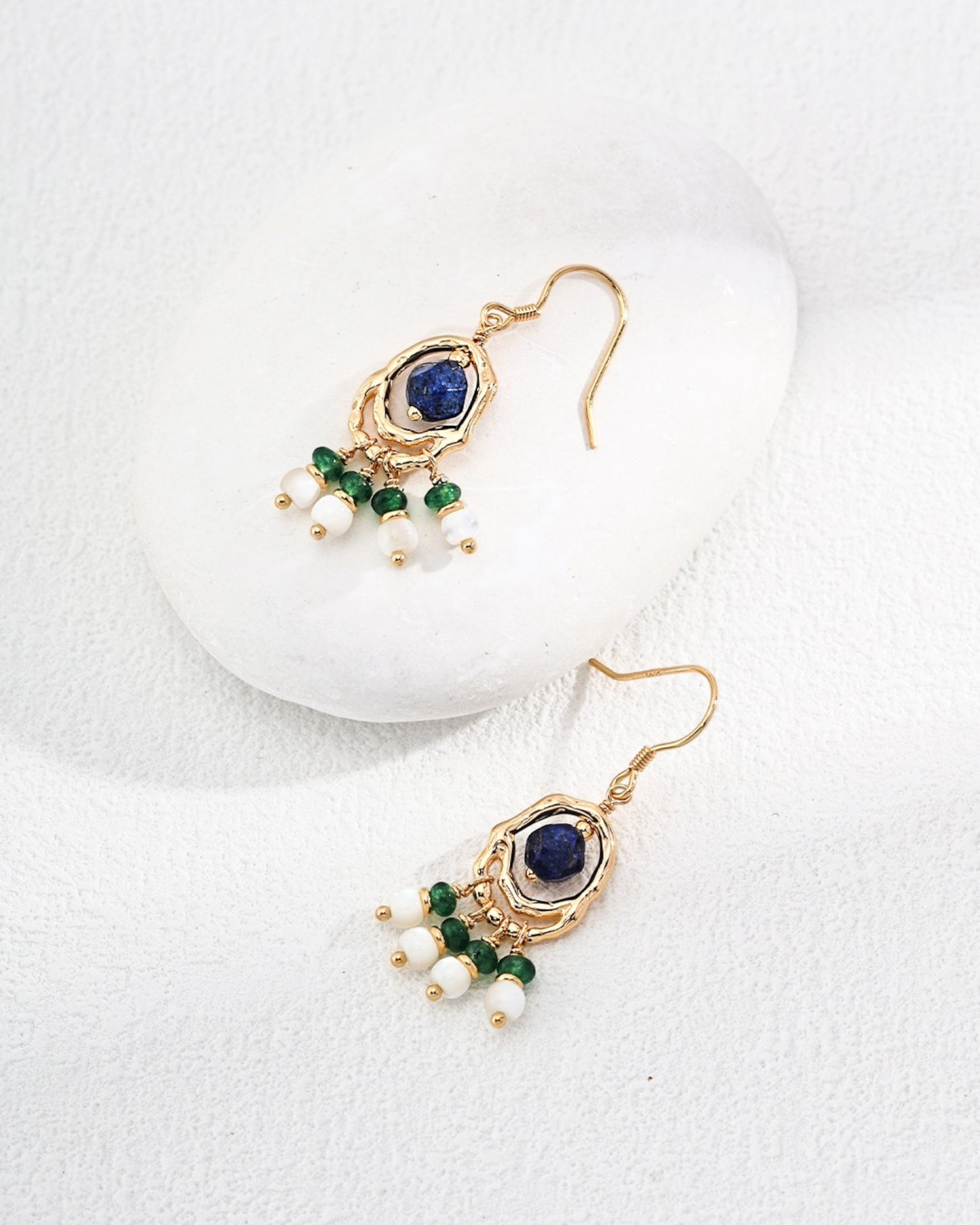 Vintage Green Gemstone & Lapis Beaded Earrings