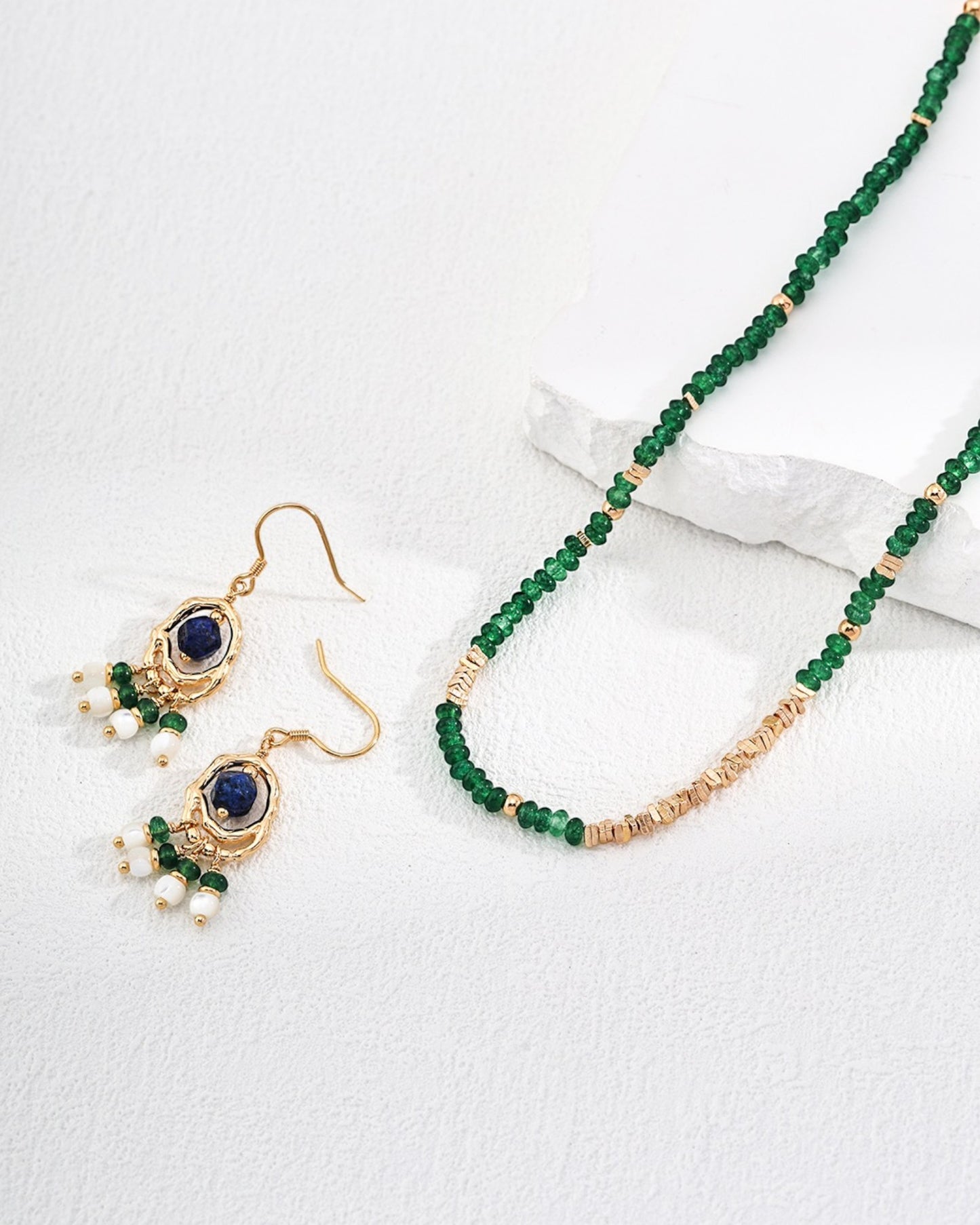 Vintage Green Gemstone & Lapis Beaded Earrings